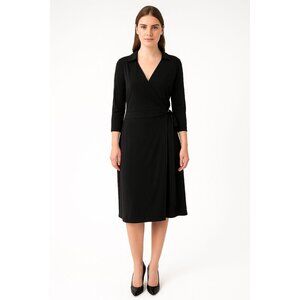 NWT H By Halston Black 3/4 Sleeve Wrap Midi Dress Women Size M Medium